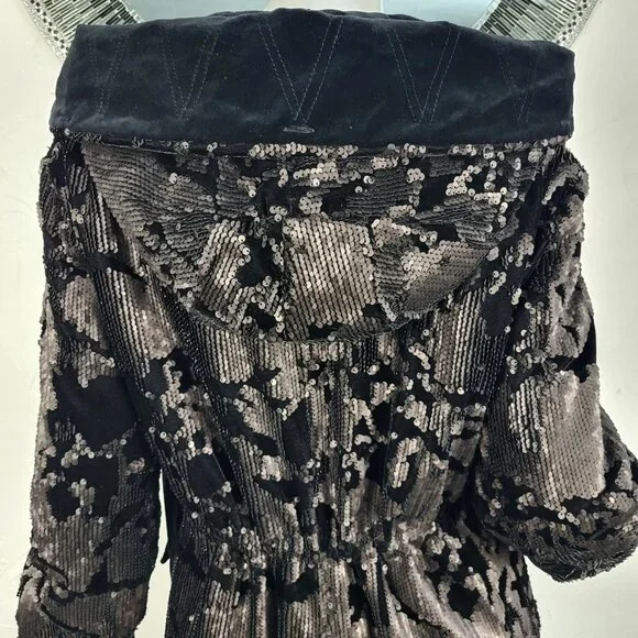 NWT~$2590~MR & MRS ITALY~S/M~BLACK VELVET SEQUIN HOODED PARKA COAT NO FUR